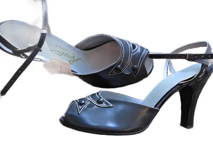 50s High Heel Shoes Deadstock Women's Vintage Strappy Peep Toe Navy Blue VFG 6.5 - 7 by Revette