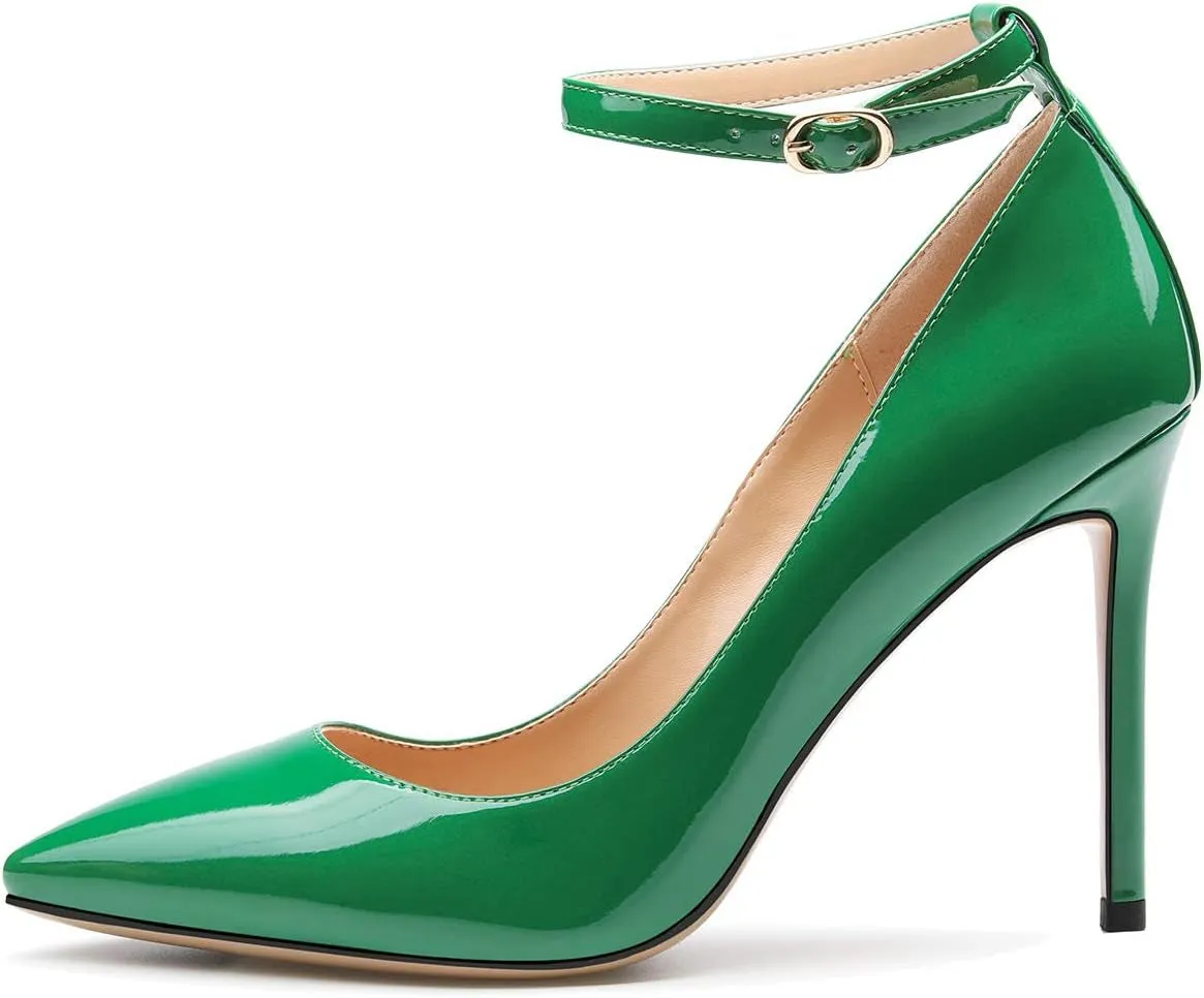 Womens Ankle Strap Pumps Pointed Toe Slip-On High Heels 10CM Heels